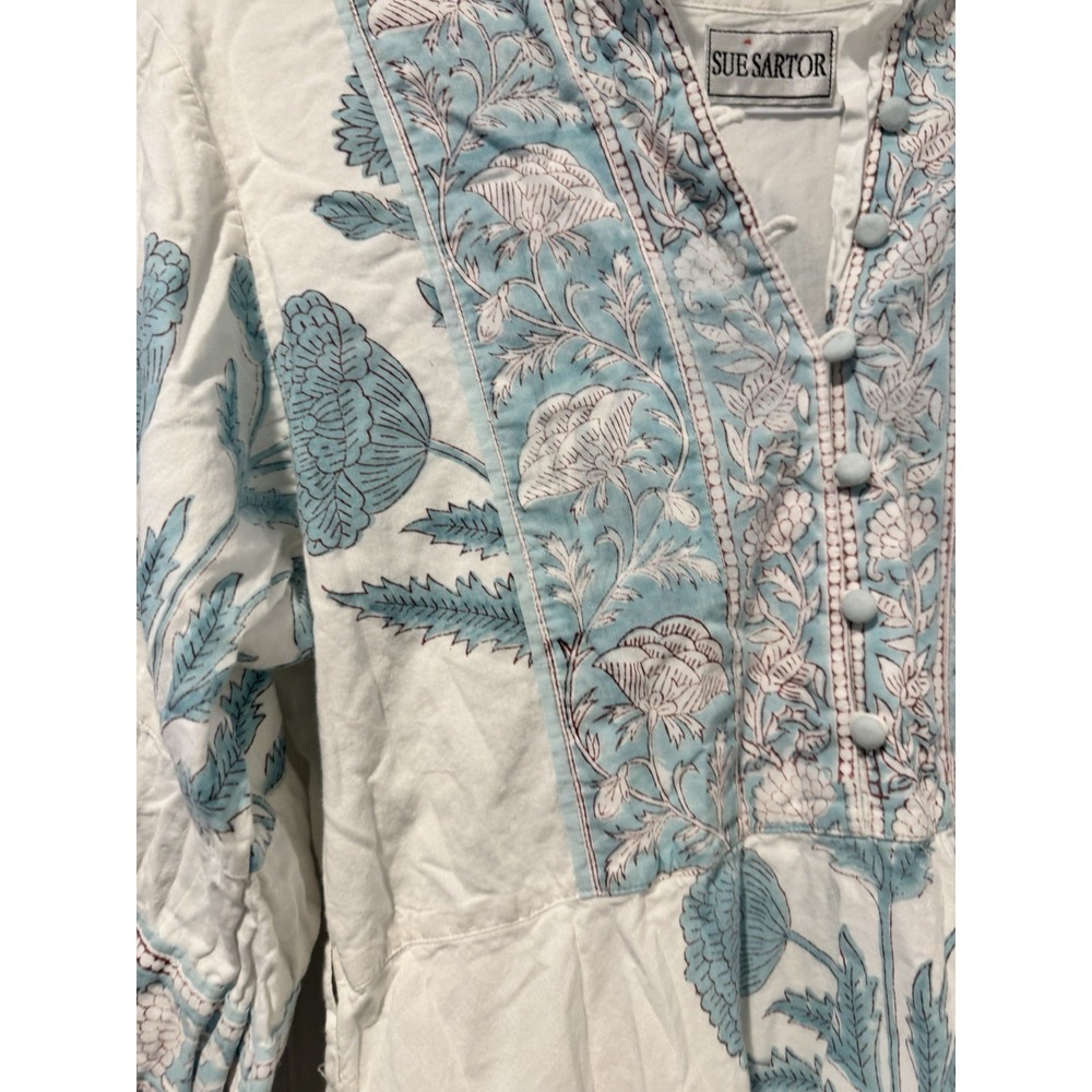Sue Sartor Women's Blue Floral Flounce Dress Long sleeves XS Boho Artsy NO BELT - Picture 7 of 16